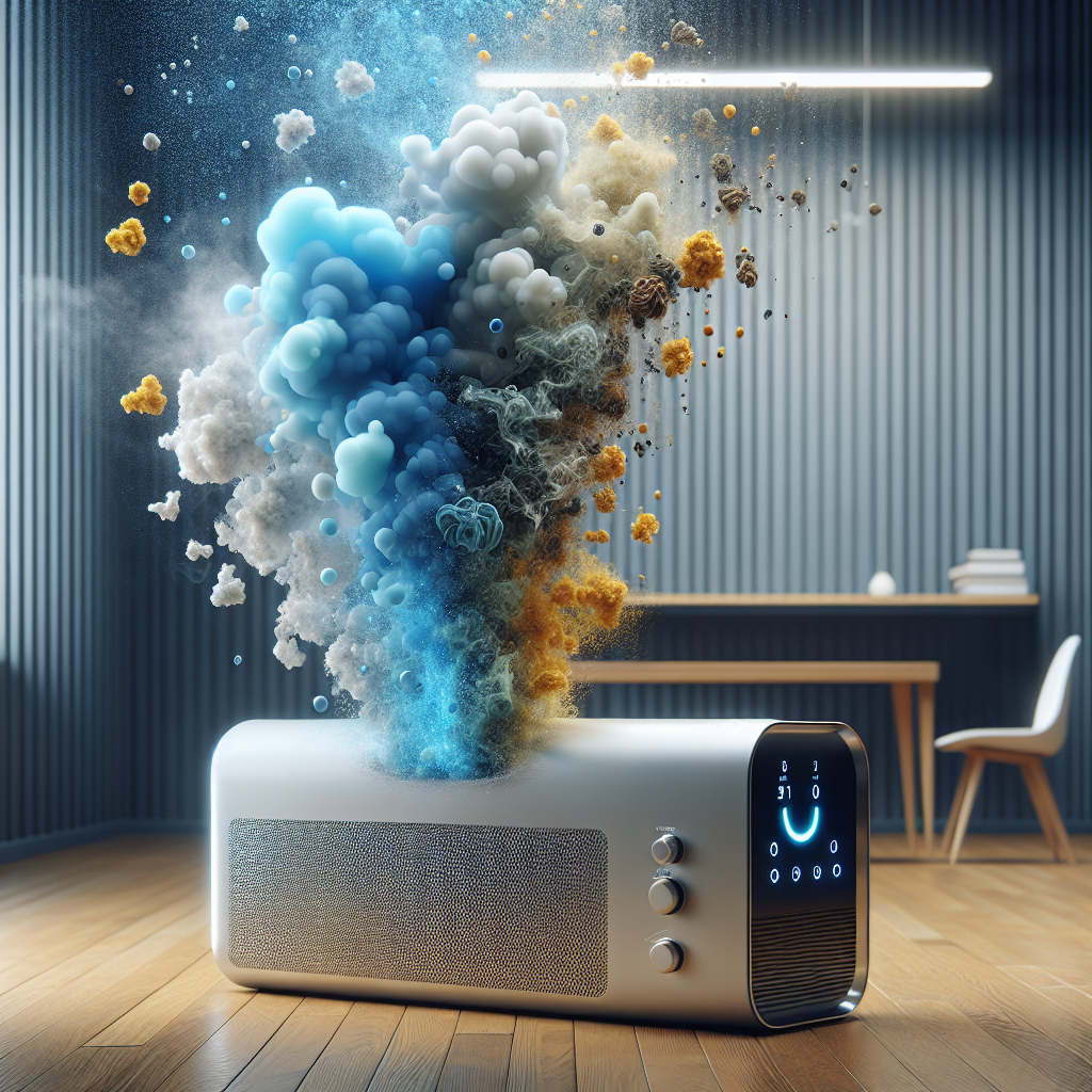 A conceptual image illustrating the power of ozone treatment. A sleek, modern ozone generator is placed in a formerly smoke-filled room, now appearing fresh and clean. From the generator, translucent, subtle blue gas flows, visually interacting with and neutralizing residual yellowish-brown smoke molecules, which are depicted as fading away or breaking apart. The overall image should convey a sense of scientific effectiveness, purification, and a return to freshness. Realistic photography with a touch of abstract visual effects.