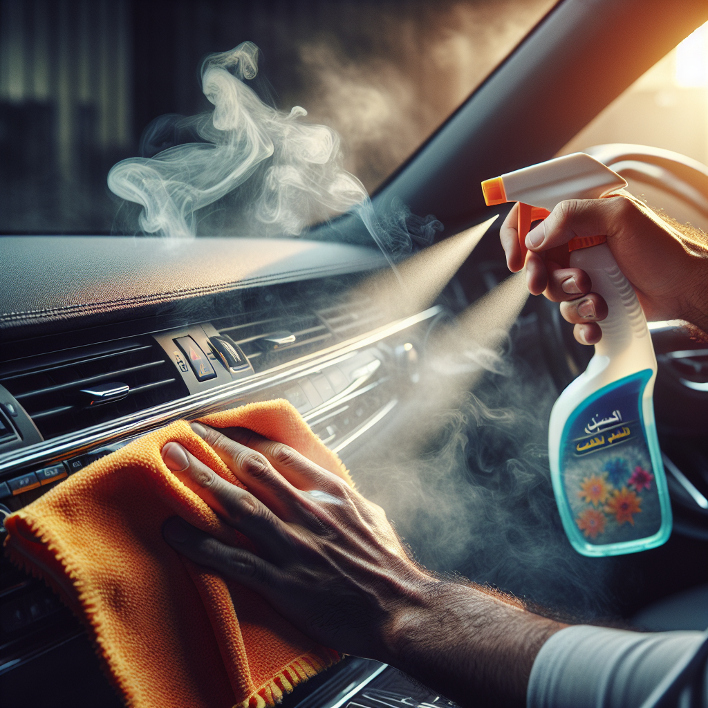 A close-up shot inside a car, focusing on a hand diligently wiping down the dashboard with a cleaning cloth and a spray bottle. The car interior should subtly convey signs of lingering smoke or a dullness before cleaning, emphasizing the active process of removing odors and making surfaces spotless.
