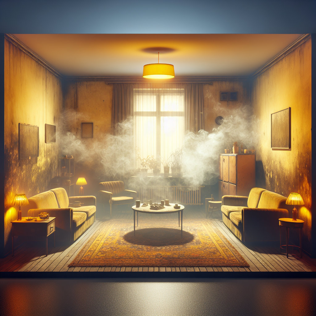A dimly lit, old-fashioned apartment living room heavily saturated with a visible haze of stale cigarette smoke. The walls are stained yellowish, and the furniture looks worn and permeates an unpleasant, lingering smell, conveying a sense of needing a deep clean. The atmosphere is heavy and unwelcoming.