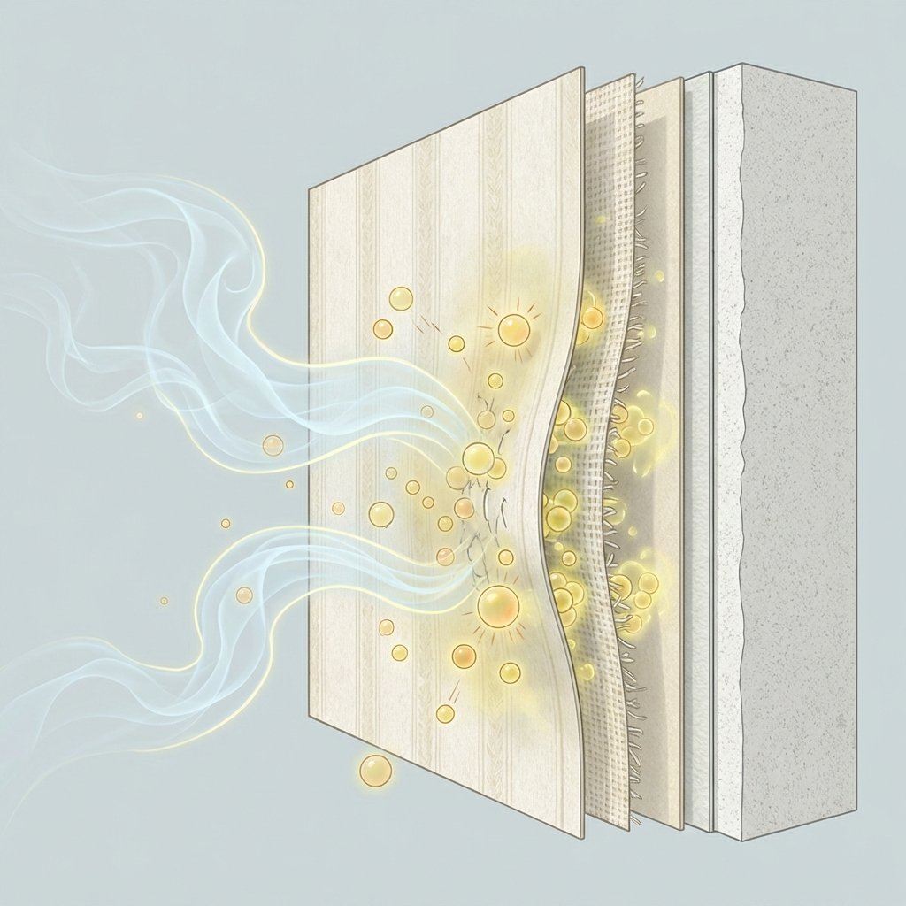 A detailed, cutaway diagram or cross-section illustration showing the layers of a wall and wallpaper. On the surface of the wallpaper, subtle, wispy smoke tendrils or invisible 'smell particles' are depicted actively penetrating and embedding themselves deep into the fibrous material of the wallpaper layers. Some particles should be shown clinging stubbornly within the texture. A faint, pervasive yellowish tint should emanate from these embedded particles, symbolizing the staining and persistent odor. The overall style should be a clean, scientific infographic with a slightly abstract representation of smell molecules, emphasizing depth and penetration.