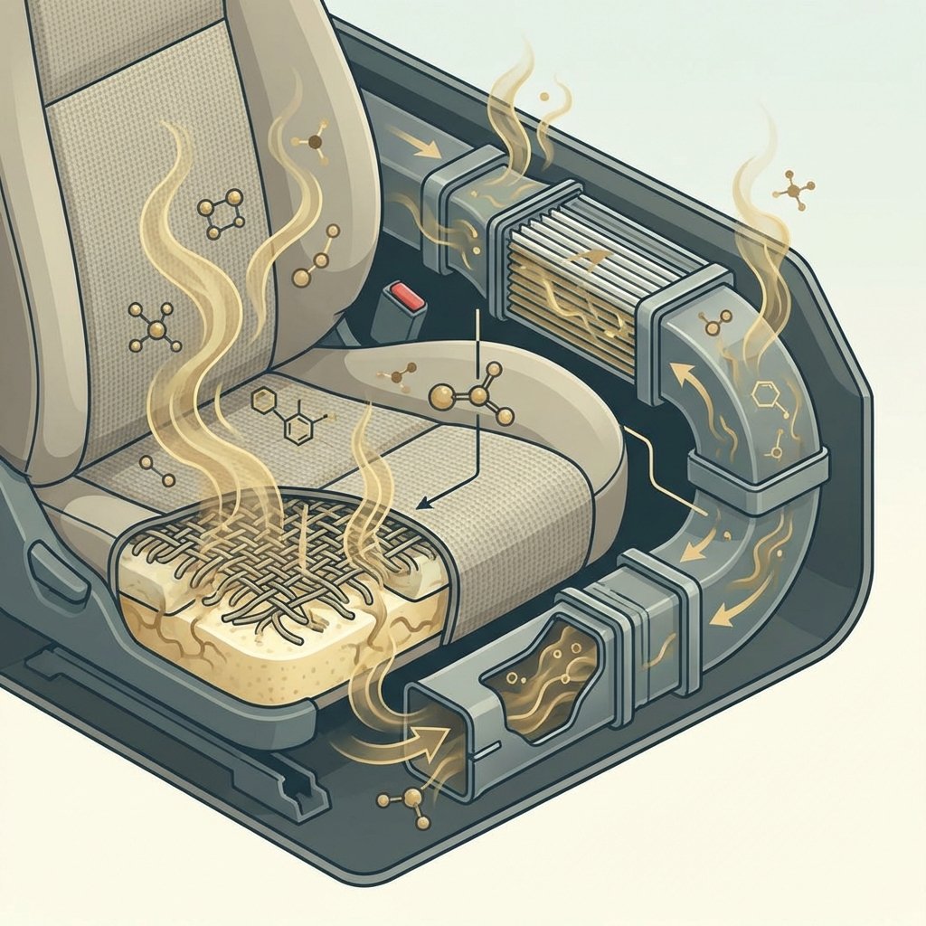 A detailed infographic illustration depicting a cross-section of a car's interior, specifically focusing on a seat cushion and a segment of the air ventilation system. Wisps of yellowish-brown smoke are shown permeating deep into the fabric fibers of the seat and clinging to the internal surfaces of the ventilation ducts. Small, abstract chemical molecule shapes are embedded within these materials, emphasizing the stubbornness of the nicotine smell. The overall visual should convey a sense of deep penetration and persistence of odor within the vehicle's components, with a clean, educational aesthetic.