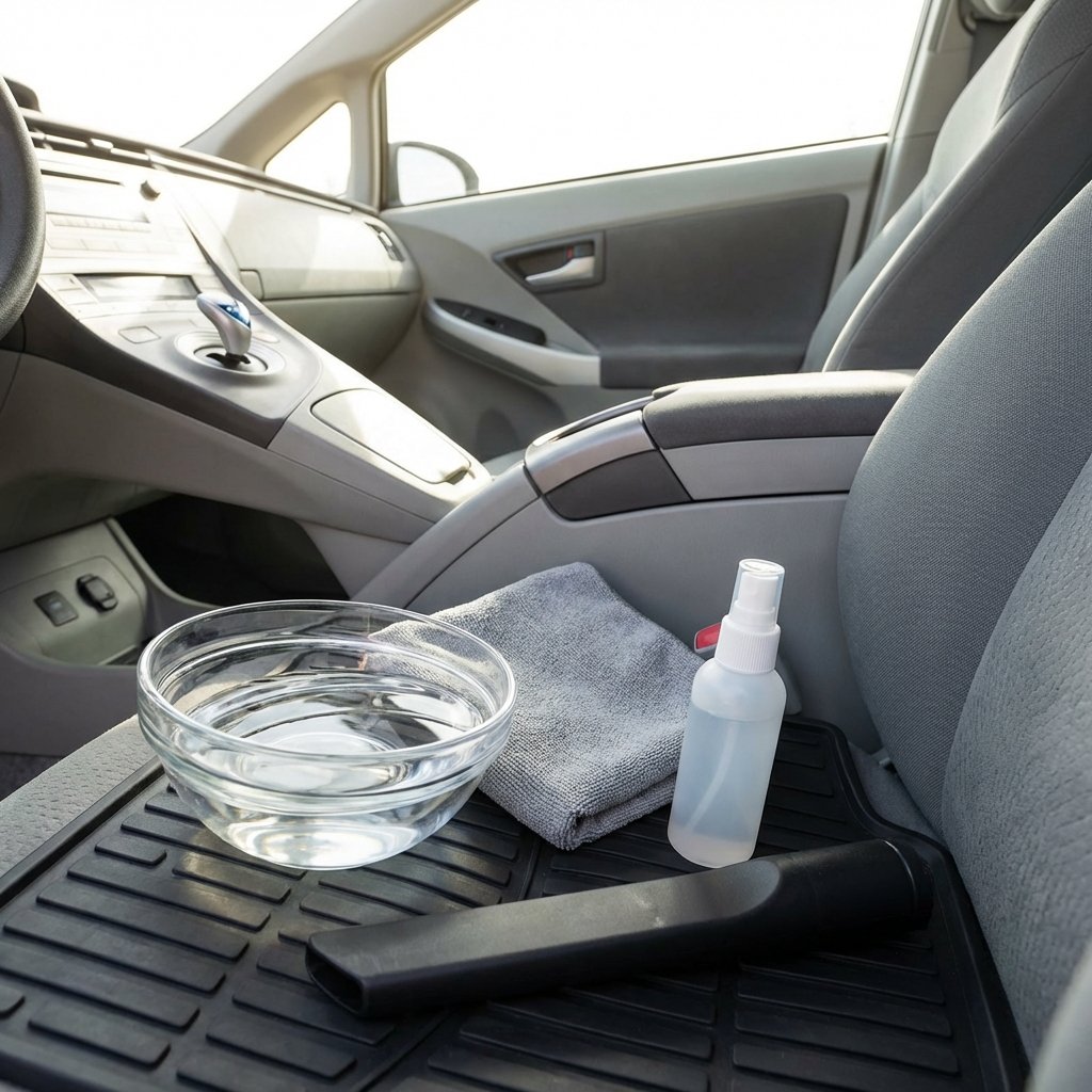 A high-quality, brightly lit professional photo showing a clean and organized car interior (e.g., dashboard, part of a seat). In the foreground, a collection of common household items known for odor removal is neatly arranged on a car mat or console. This includes a clear glass bowl filled with white vinegar, a microfiber cloth, a small, generic spray bottle (unlabeled), and possibly a small vacuum cleaner attachment nearby. The scene should evoke a sense of practical, effective cleaning using accessible home remedies.