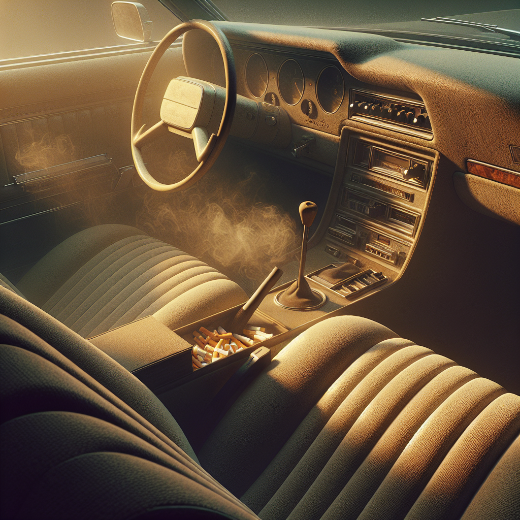 A close-up, slightly moody and atmospheric shot of a car's interior, focusing on beige or grey fabric seats and the dashboard. A subtle, almost visible, yellow-brown haze or tint subtly permeates the scene, suggesting lingering cigarette smoke and making the interior look slightly dingy and unpleasant. Diffused light highlights the settled residue on surfaces without being overtly dirty. Realistic, high detail, with a sense of the pervasive smell.