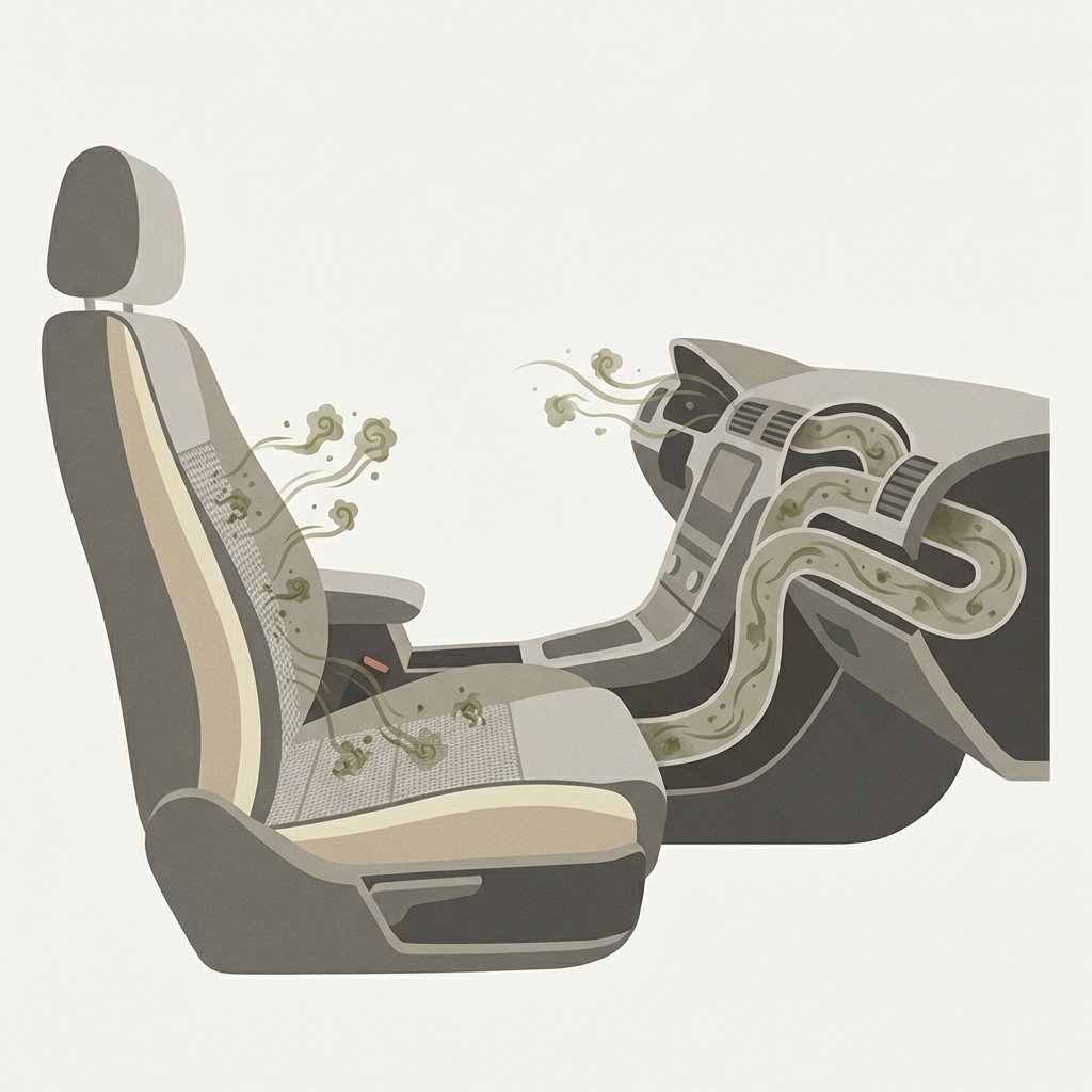 A conceptual flat illustration depicting a cross-section of a car interior. Visible elements include a car seat and part of the dashboard with ventilation ducts. Tiny, smoky, greenish-brown particles are visually penetrating deep into the fabric fibers of the car seat upholstery. The same particles are also shown circulating within the internal air ducts of the car's ventilation system, subtly emphasizing their pervasive nature. The style should be clean with muted, slightly smoky color accents for the particles against a neutral car interior.
