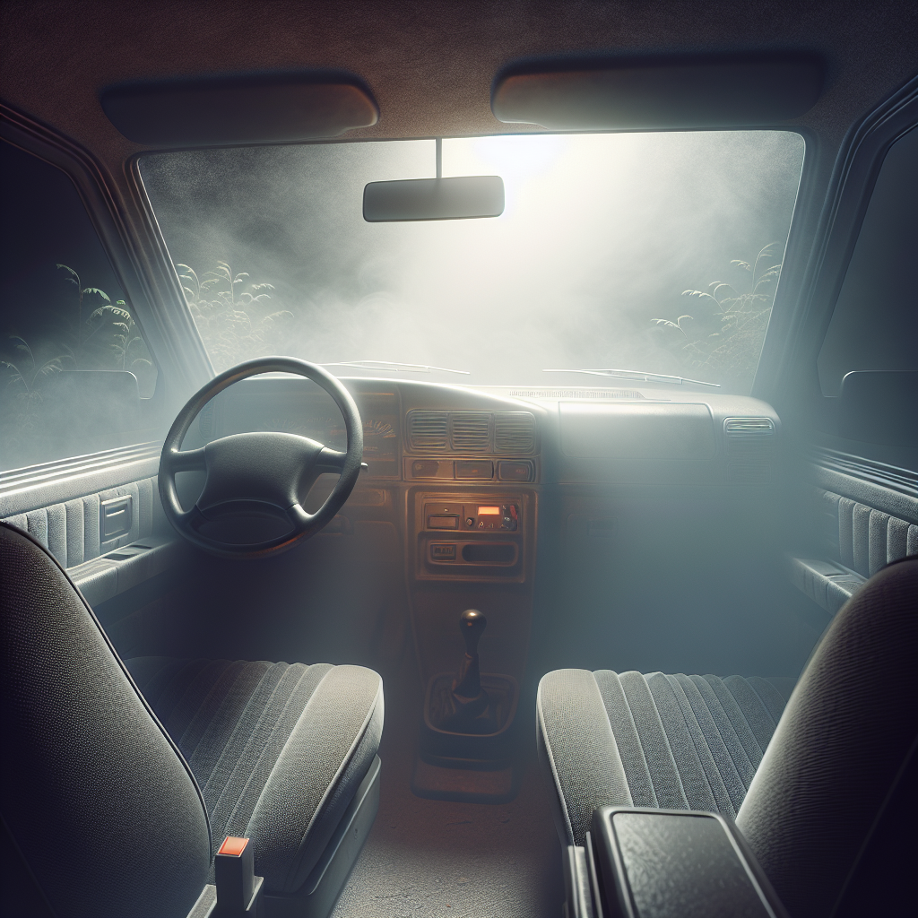 A dimly lit, slightly aged car interior, seen from the driver's perspective. A visible, stale smoky haze hangs in the air, subtly clinging to the fabric seats and dashboard, conveying a persistent, unpleasant cigarette odor. The scene feels heavy and unwelcoming, with desaturated colors. Realistic photography style.
