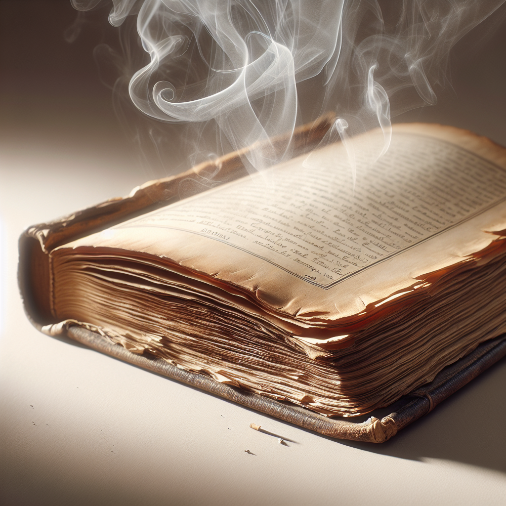 A close-up shot of an open, old book with slightly yellowed pages, emitting a subtle, wispy smoke, symbolizing the embedded nicotine smell. The book is placed on a light, neutral background, with a soft, natural light illuminating its pages, highlighting its age and the problem it represents. The focus is on the texture of the paper and the general aesthetic of an aged, beloved book.
