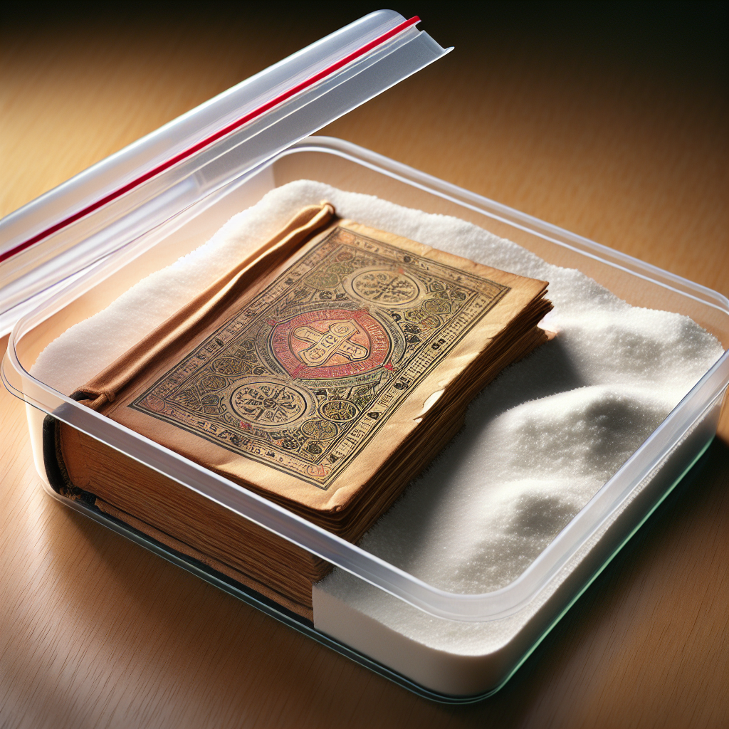 An old, open book nestled inside a transparent, sealed plastic container, partially covered with a fine layer of white baking soda. The setting is clean and well-lit, perhaps on a wooden table, emphasizing a practical, DIY solution. The focus should be on the contrast between the book's pages and the baking soda, conveying the method of odor neutralization in a clear and appealing way.