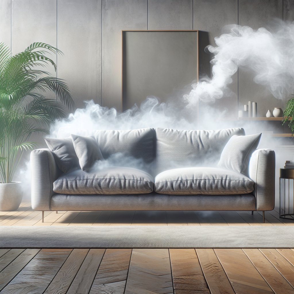 A modern, comfortable living room couch, but with a subtle, almost invisible smoky haze emanating from its fabric, visually representing a persistent and unpleasant nicotine smell. The room's atmosphere feels slightly stale and unwelcoming. Realistic photo.
