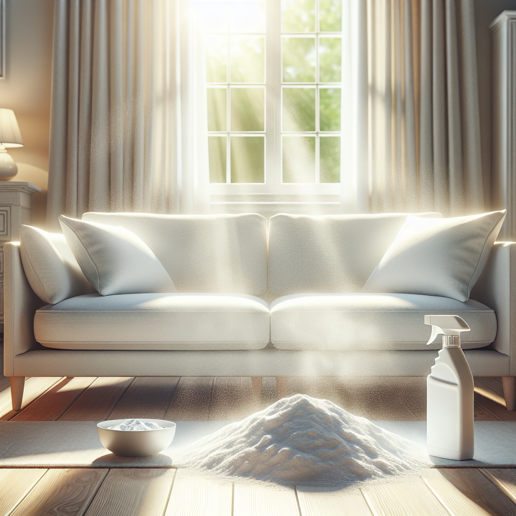 A bright and clean living room couch, bathed in natural light from an open window. A small, neat pile of white baking soda is visible on one cushion, and a spray bottle or a bowl of liquid is discreetly placed nearby, subtly suggesting cleaning. The room feels fresh, airy, and inviting, symbolizing the successful removal of odors. Realistic photo.