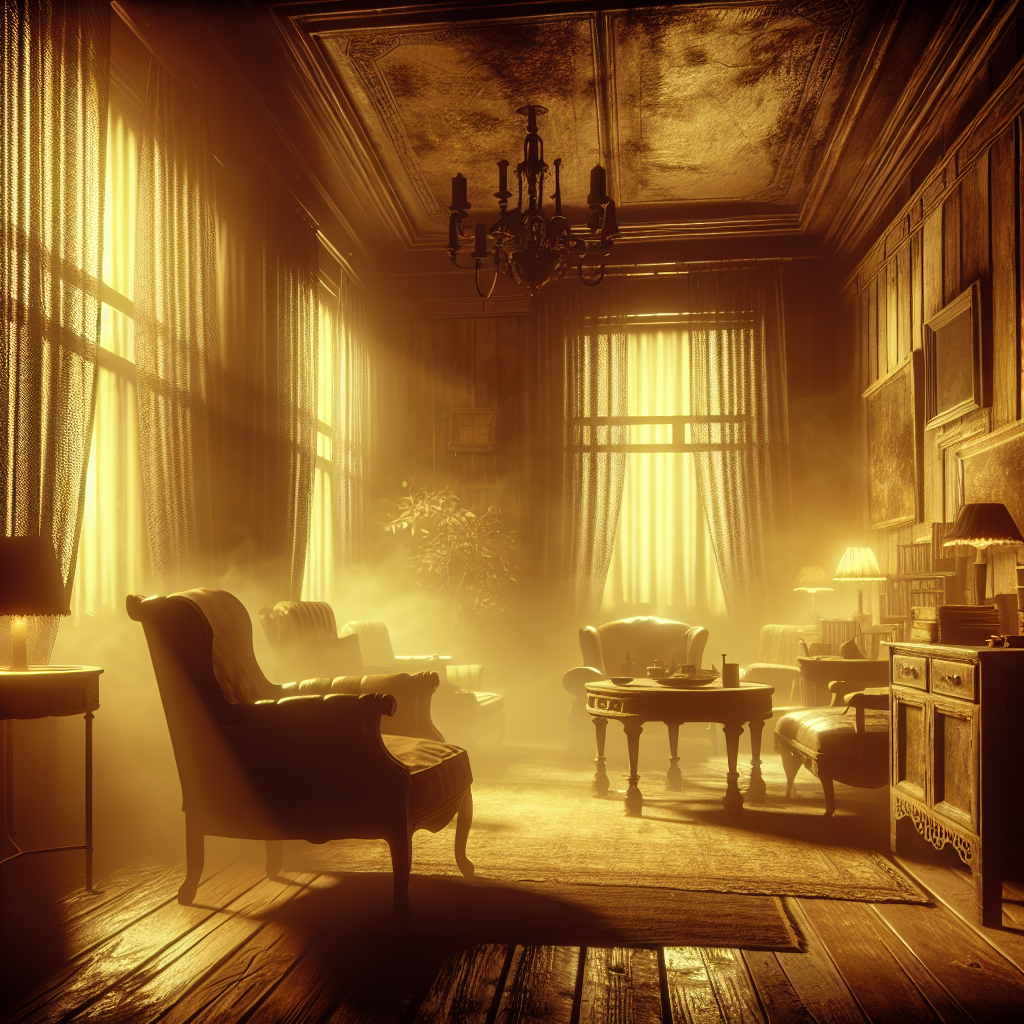 A dimly lit, stale room with old furniture and heavy curtains, depicting a visible, lingering unpleasant cigarette smoke odor permeating the air and surfaces. The atmosphere should feel heavy, yellowed, and unwelcoming, with a sense of the smell being deeply embedded. Realistic, cinematic.