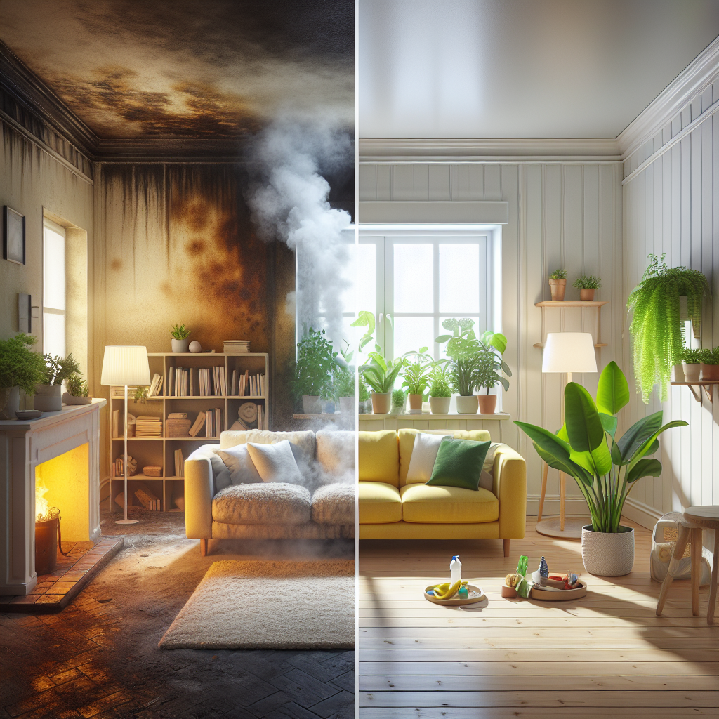 A split image showing a room before and after treatment for nicotine smell. On the left, a dimly lit living room with yellowed walls and a faint, stale haze, conveying years of smoking. On the right, the exact same room transformed: brightly lit, with freshly painted clean white walls, vibrant green plants, and a window subtly showing fresh air, symbolizing cleanliness and odor removal. Realistic, high contrast.