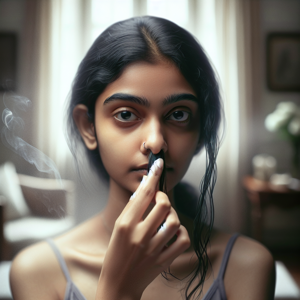 A young woman, with a slightly wrinkled nose and a subtle expression of discomfort, is discreetly smelling a strand of her own hair. Her hair looks a bit dull or heavy, hinting at absorbed odors. The background is softly out of focus, suggesting a dimly lit, post-party setting or a room where smoking occurred. Emphasize the annoyance of the lingering cigarette smoke smell, realistic photo style, soft natural light.