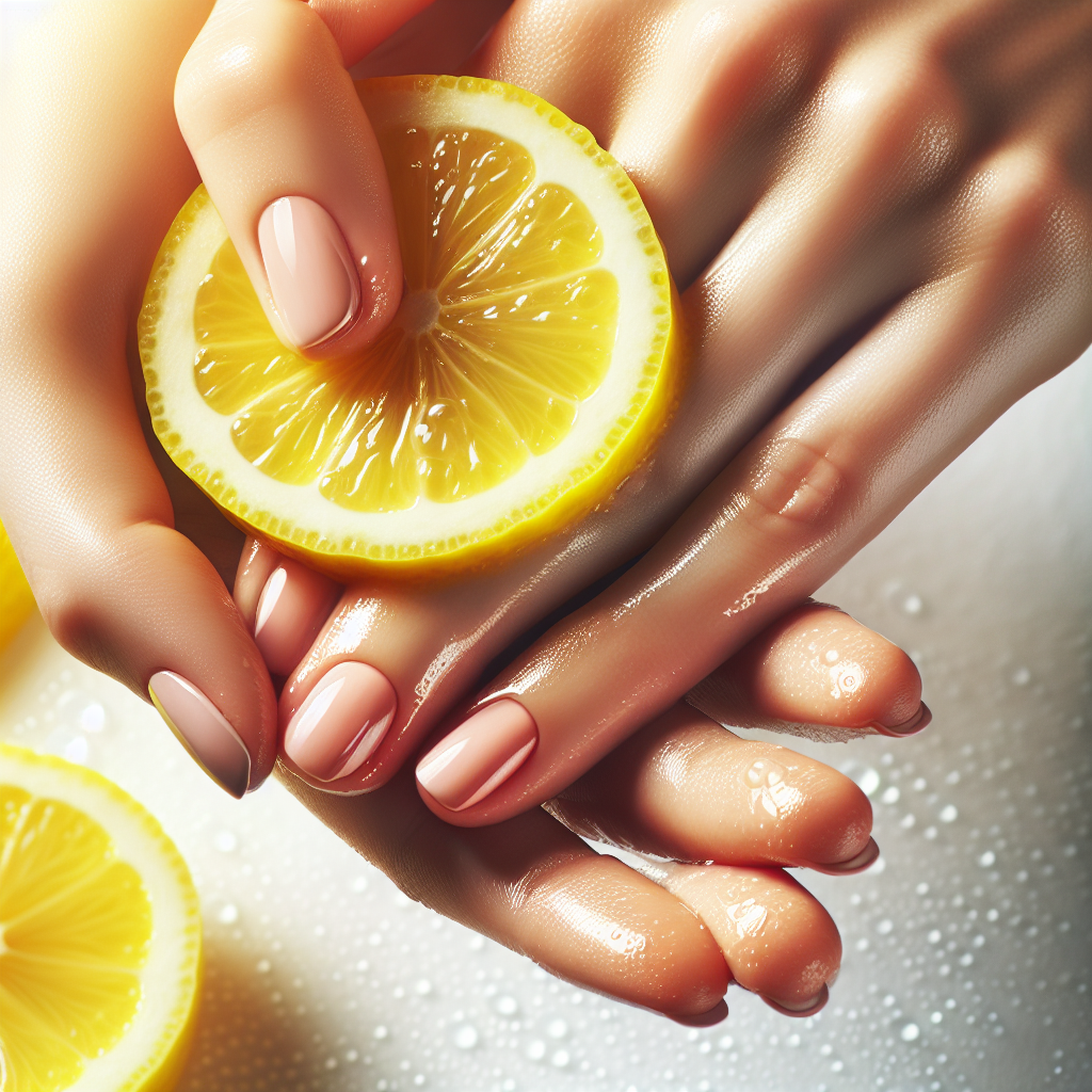 Close-up of hands being refreshed and cleaned with a bright yellow lemon. One hand is gently rubbing a cut lemon half over the fingers of the other hand, suggesting natural cleansing and a fresh scent. Bright, clean, and optimistic lighting, suitable for a health and wellness blog.