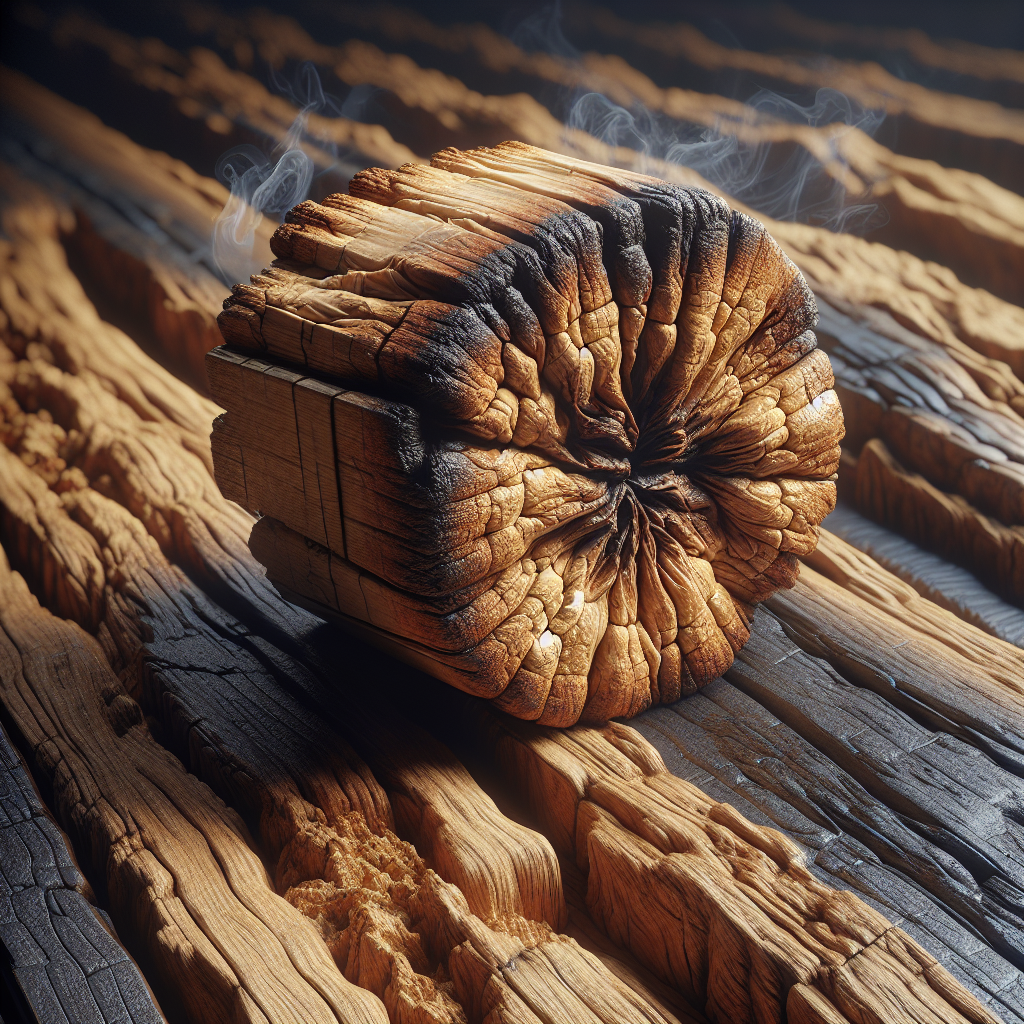 Close-up of an old, heavily varnished wooden surface, like a detail from a wooden door or antique furniture, showing a subtle yellowish-brown tint and a faint, almost visible haze clinging to the wood grain, symbolizing stubborn nicotine residue. The lighting should emphasize the age and the embedded smell. Realistic, high detail.