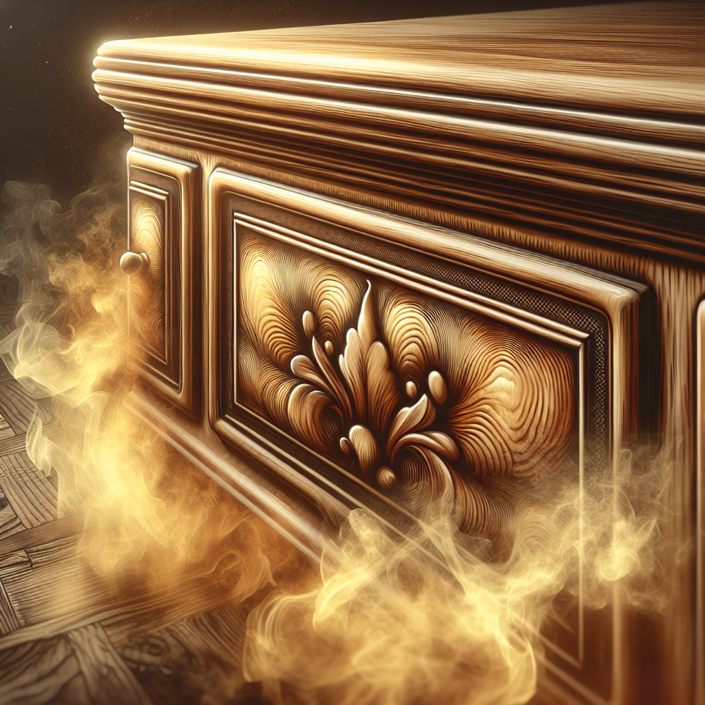 A detailed close-up of a section of a vintage wooden dresser or table, its rich wood grain visible. A subtle, yellowish-brown, slightly hazy or smoky aura seems to cling to and subtly seep from the wood's pores, visually representing an ingrained, unpleasant nicotine odor. The lighting is somewhat muted, emphasizing the persistent nature of the smell. Realistic, atmospheric.