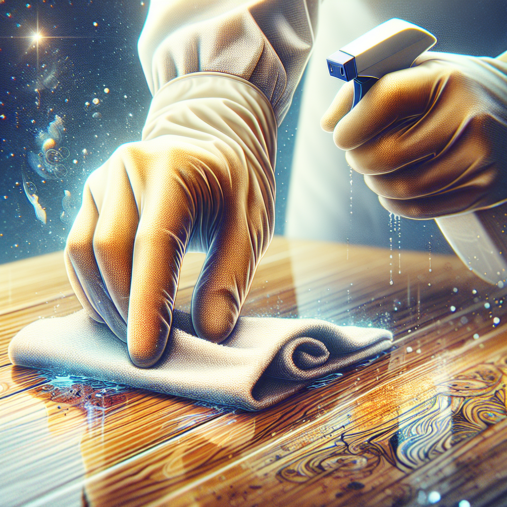 A pair of gloved hands in action, diligently wiping down a section of a wooden surface (e.g., a table top or cabinet door) with a clean, damp cloth. The wood appears to be undergoing a transformation, with a subtle contrast between a slightly dull, stained area and a cleaner, brighter area where the wiping has occurred. In the background, there are hints of cleaning supplies like a spray bottle or sponges, out of focus. Bright, practical, focused on the cleaning process. Realistic.