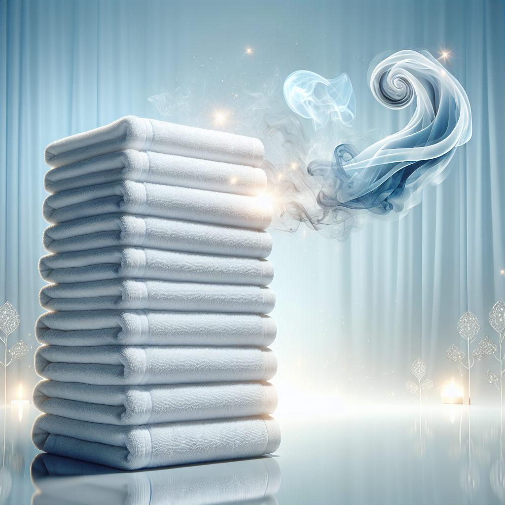 A stack of soft, clean, white laundry items (e.g., towels, t-shirts), gleaming with freshness, with a subtle, stylized wisp of grey cigarette smoke gently fading away from them into a bright, airy background. The image should convey successful odor removal and purity.