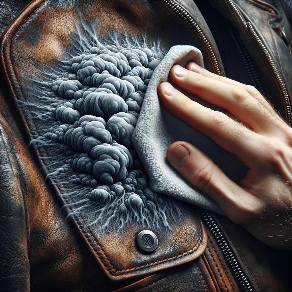 A close-up of a distressed leather jacket or a section of a leather sofa, with stylized grey smoke or 'odor particles' visibly clinging to its surface. A human hand, holding a damp, clean cloth, is gently wiping the leather, with a sense of the unpleasant smell dissipating. Realistic texture, soft indoor lighting.