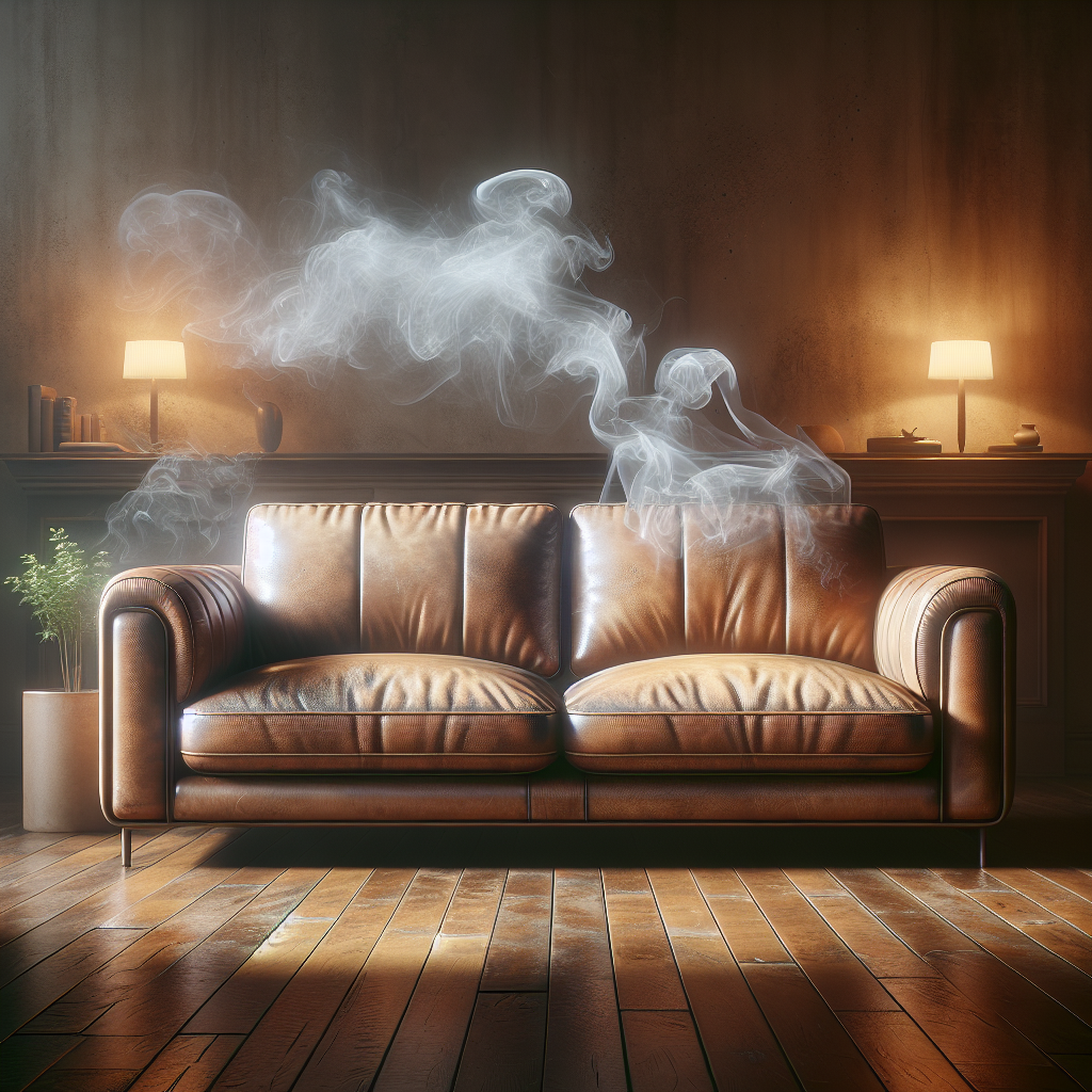 A luxurious, slightly aged leather sofa in a warm, inviting living room. Subtle, translucent wisps of a grey, unpleasant odor are visually clinging to the surface of the leather, symbolizing persistent cigarette smell. The lighting is soft, creating a slightly challenging, yet solvable atmosphere. Realistic, high-quality photograph.