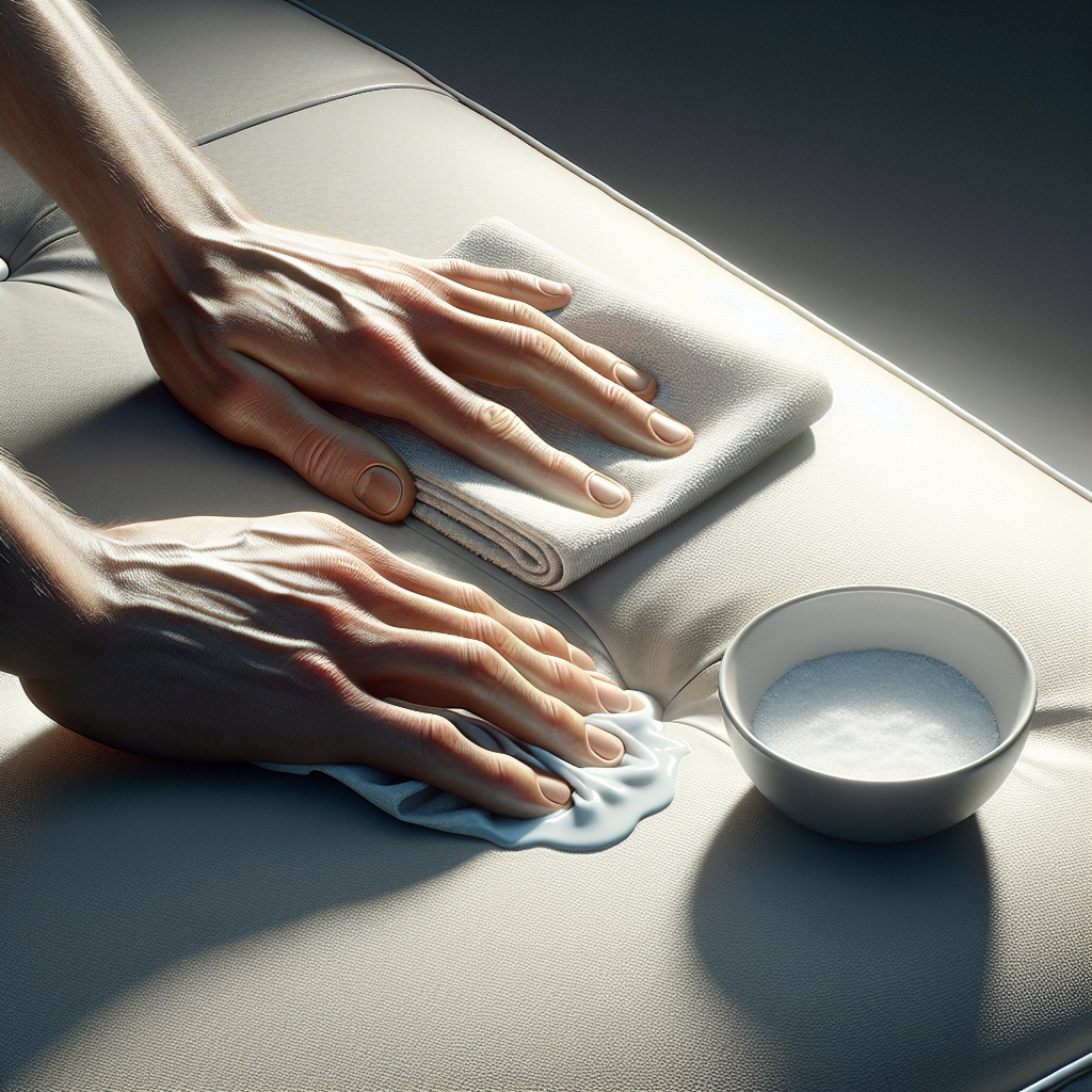 A close-up shot of a person's hands gently wiping a section of a clean leather couch with a soft, white cloth. Nearby, a small bowl with mild soapy water or a sprinkle of baking soda is visible on a clean surface. The scene is brightly lit, emphasizing cleanliness, freshness, and the process of revitalization. Realistic, high-quality photograph.