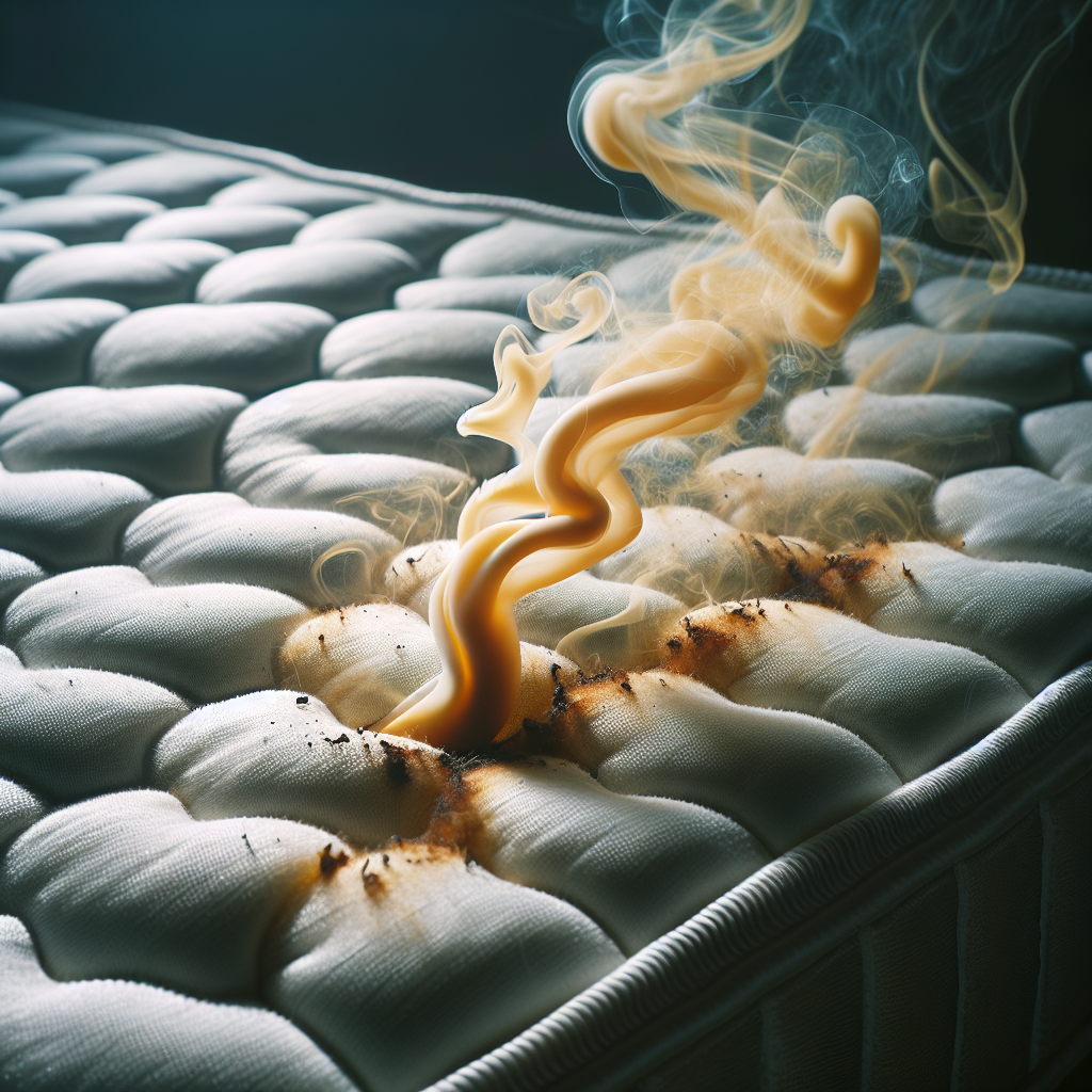 Close-up of a mattress with subtle, swirling tendrils of yellowish-brown smoke visually representing unpleasant nicotine odor emanating from its fabric. The atmosphere is dimly lit and slightly desaturated, emphasizing a stale, grimy feeling. Focus on the texture of the mattress.
