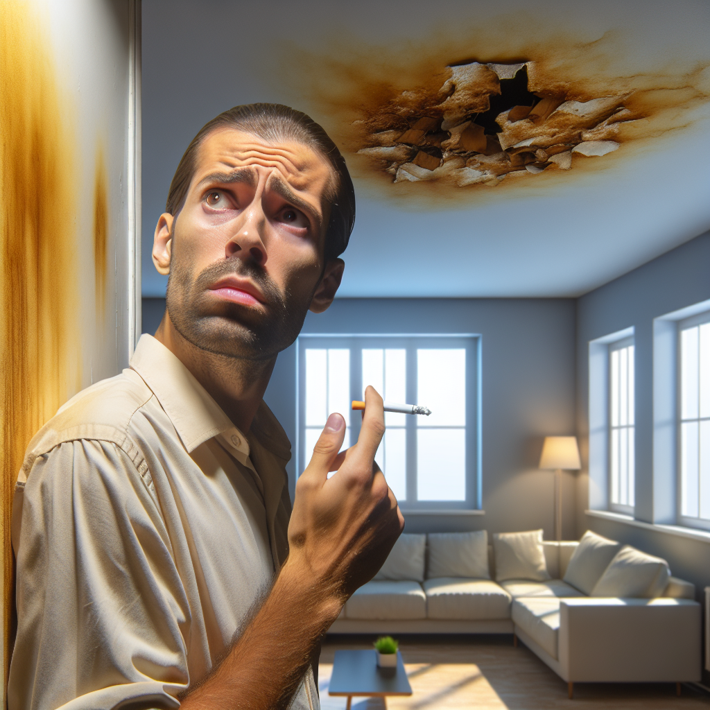 A detailed interior shot of a modern, clean apartment, but with a subtle, pervasive yellow-brown film on the white walls and ceiling, indicating severe nicotine damage. A frustrated tenant, perhaps wrinkling their nose or looking discomforted, stands in the foreground. The lighting should feel somewhat dim and oppressive, conveying a stale atmosphere. Realistic, high-quality photograph.