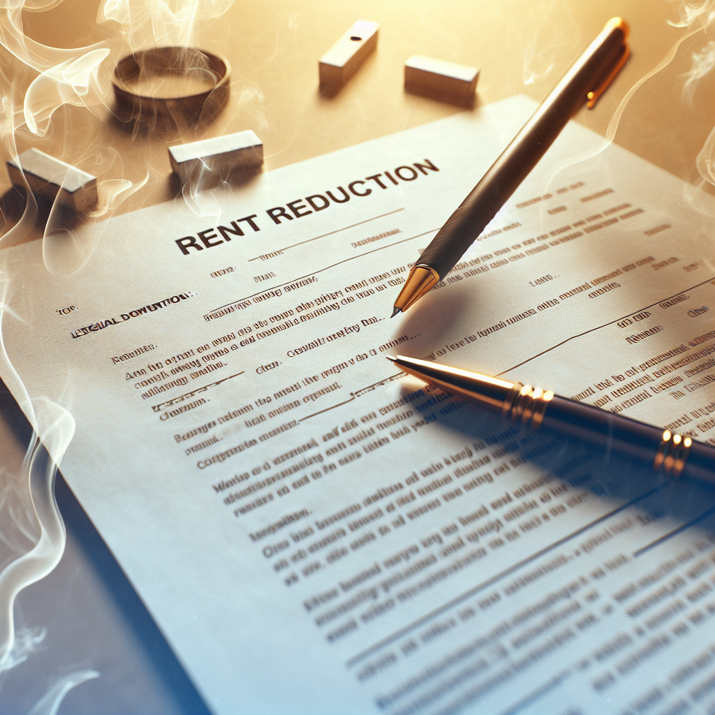 A close-up, top-down shot of a legal document or 'Mietminderung' (rent reduction) notice laid out on a table, with a pen resting beside it. In the blurred background, there's a subtle, almost transparent yellowish haze or faint smoke effect, symbolizing persistent nicotine smell in a home. The overall mood is serious and administrative. Professional, clean, and symbolic.