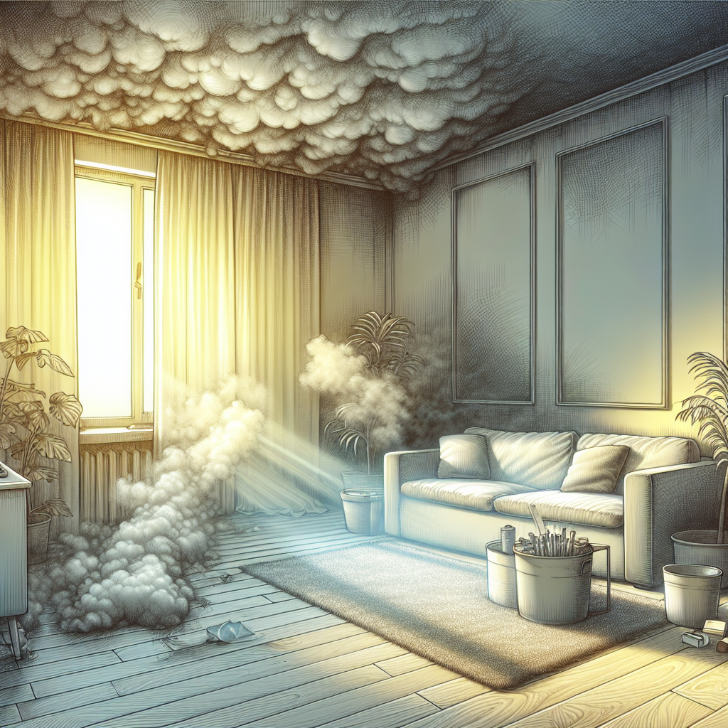A rental apartment living room permeated by a heavy, unpleasant cigarette smoke smell. The walls have a visible yellowish tint, and the air looks hazy, conveying a stale and stubborn odor. Sunlight struggles to brighten the room, highlighting the dingy atmosphere. Realistic, detailed, before cleaning.
