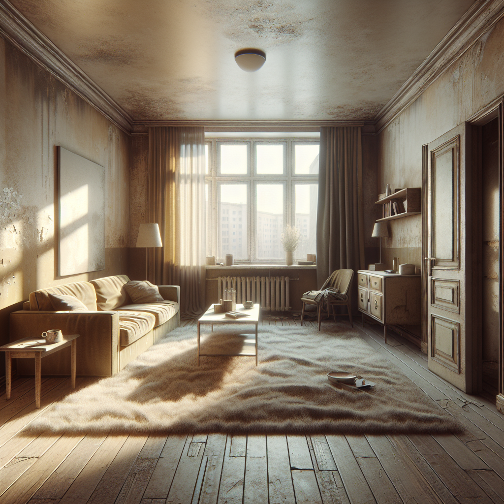An empty, slightly dingy apartment living room with subtle yellowed walls and a general dullness, hinting at a lingering, stale smoke odor, despite no visible smoke. Sunlight filters in, highlighting the unpleasant, aged atmosphere. Realistic, somewhat muted colors, conveying a feeling of persistent residue.