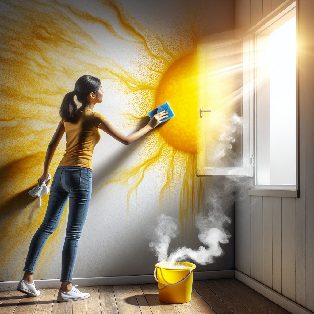 A person vigorously cleaning a wall in a rental apartment, scrubbing away yellowish nicotine stains with a sponge and a bucket of cleaning solution (implying vinegar or lemon water). Bright light streams in through an open window, symbolizing ventilation and a fresh start. The part of the wall already cleaned looks noticeably brighter and cleaner. Realistic, vibrant, focus on transformation.