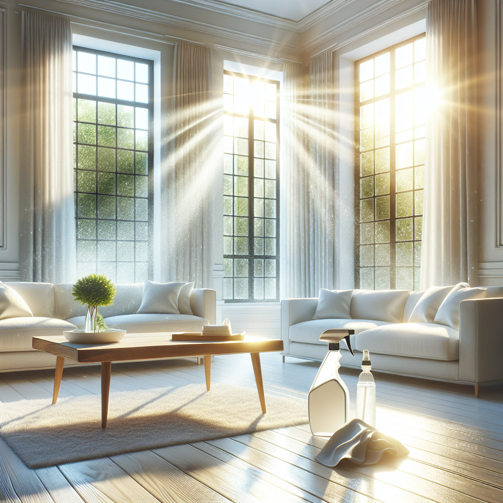 A bright, freshly cleaned apartment living room with large windows wide open, allowing abundant sunlight and a gentle breeze to fill the space. The walls appear sparkling white and clean, with a sense of renewal and freshness. A cleaning cloth and a spray bottle are subtly placed on a table, symbolizing the successful removal of odors. Realistic, vibrant, and inviting.