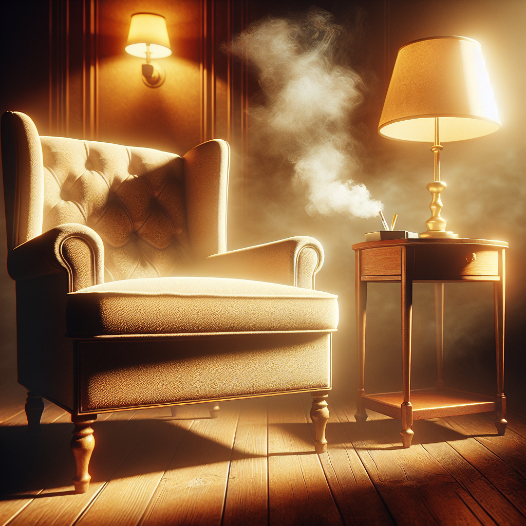 A vintage upholstered armchair and a wooden side table in a dimly lit room, with a subtle, yellowish-brown haze clinging to them, visually representing a stale cigarette smoke smell. The atmosphere should feel heavy and slightly uninviting, conveying the problem. Realistic style.