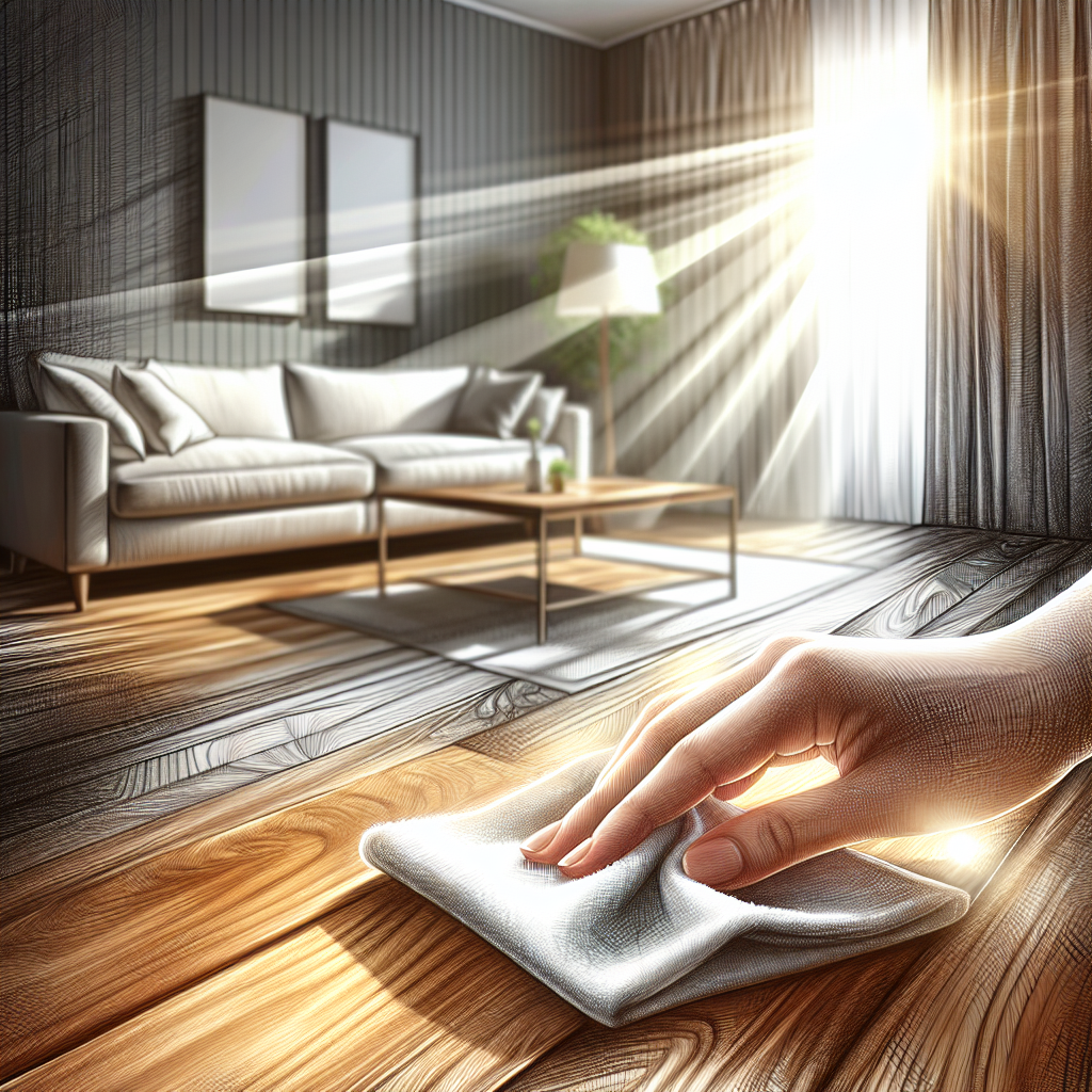 A bright and fresh living room scene. A hand with a clean cloth is gently wiping down a polished wooden surface, while in the background, a newly cleaned fabric sofa appears pristine. Rays of natural light illuminate the scene, emphasizing cleanliness and freshness. Realistic, warm, and inviting atmosphere.