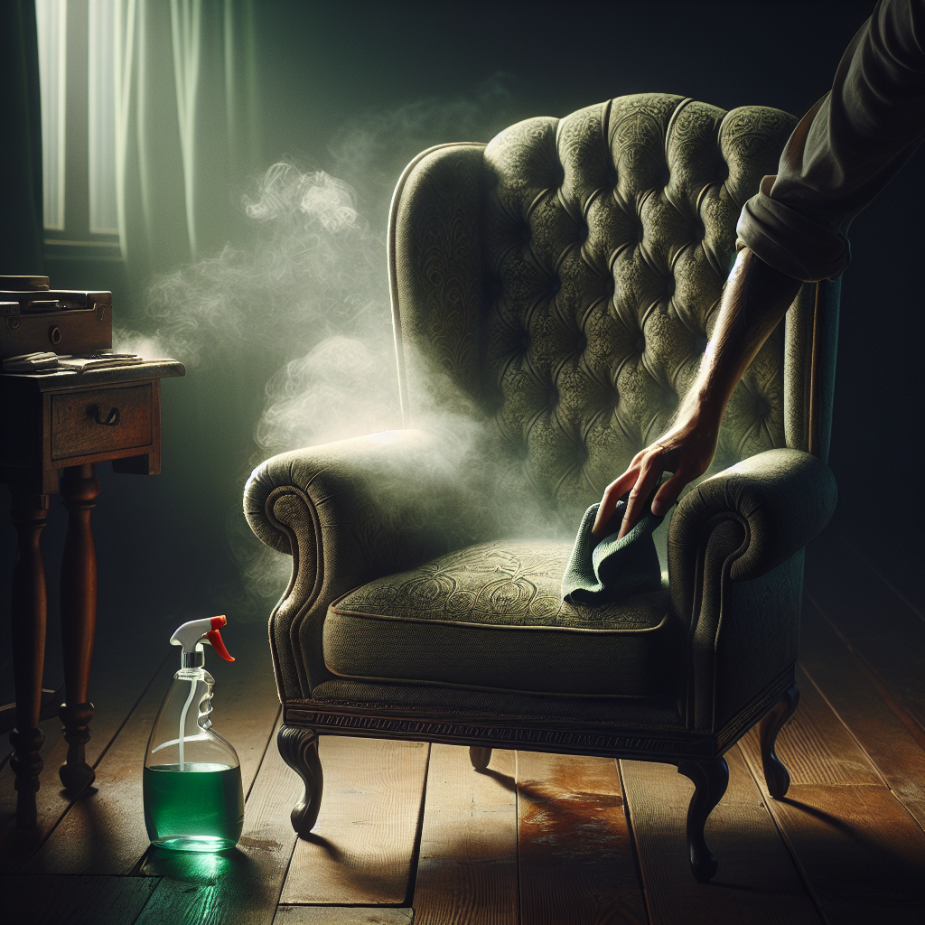 A vintage, upholstered armchair in a dimly lit room, with a subtle, smoky, greenish-brown haze gently rising from its fabric, symbolizing persistent nicotine smell. In the foreground, a pair of hands with a cleaning cloth or a spray bottle are approaching the armchair, ready to clean. The scene should convey a sense of starting to tackle a stubborn problem, with a hint of hope for freshness. Realistic, atmospheric lighting.