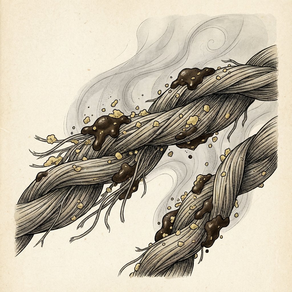 A detailed, microscopic-style illustration depicting tiny, dark brown and yellowish smoke particles deeply embedded within the intricate fibers of an upholstered armchair. The fibers should be clearly visible, perhaps slightly frayed, with the sticky, tar-like particles clinging tenaciously. A subtle, swirling grey aura could emanate from the particles, visually representing the persistent odor. The overall image should convey the stubbornness and microscopic nature of nicotine residue, with a clean, scientific illustration style.