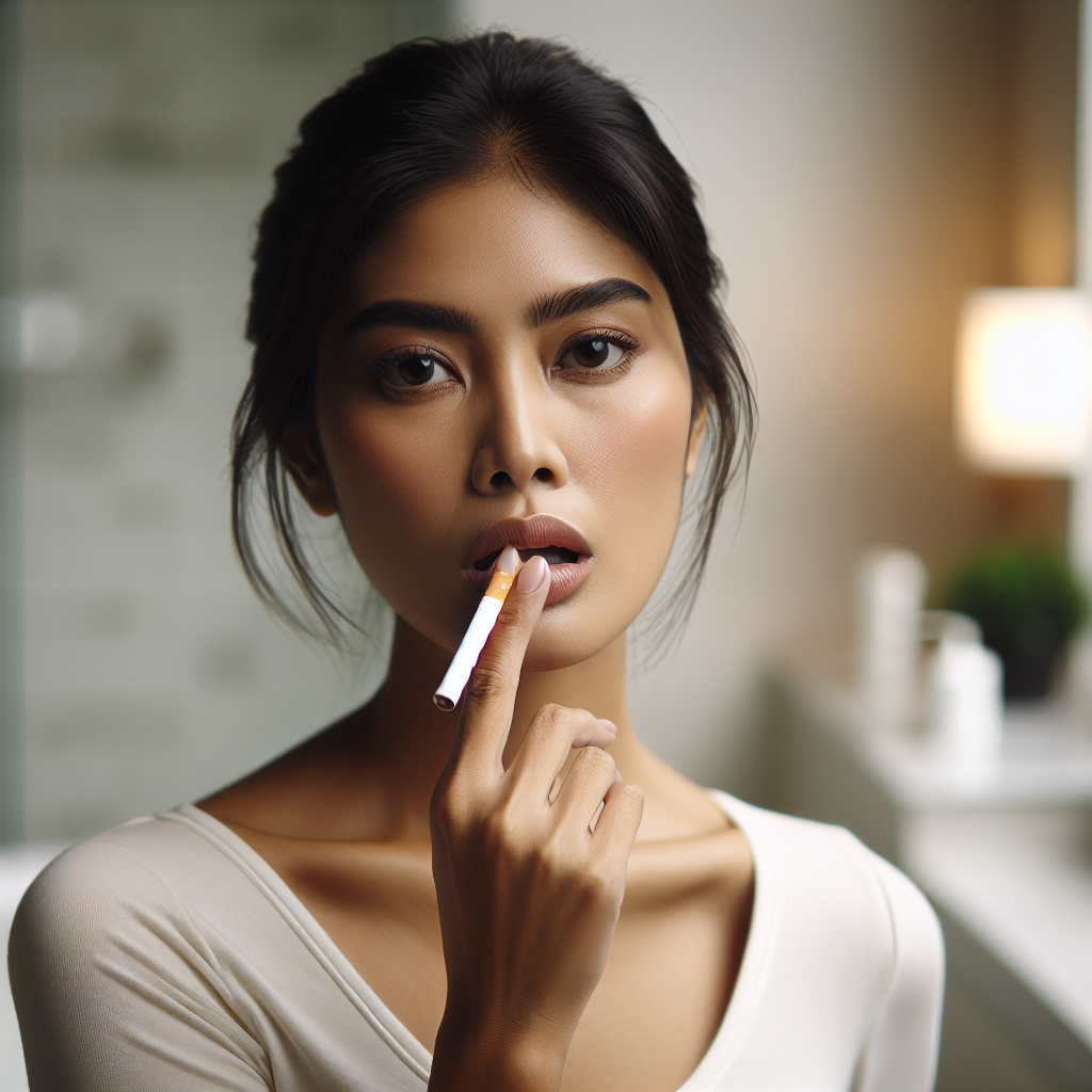 A close-up of a person's face (mid-20s to mid-40s) with a slightly self-conscious or uncomfortable expression, hinting at unpleasant stale breath due to nicotine. The focus is on their mouth area and facial expression. The background is a clean, minimalist bathroom with soft, indirect lighting. The image conveys the feeling of needing fresh breath after smoking. Realistic, sharp focus on the face.