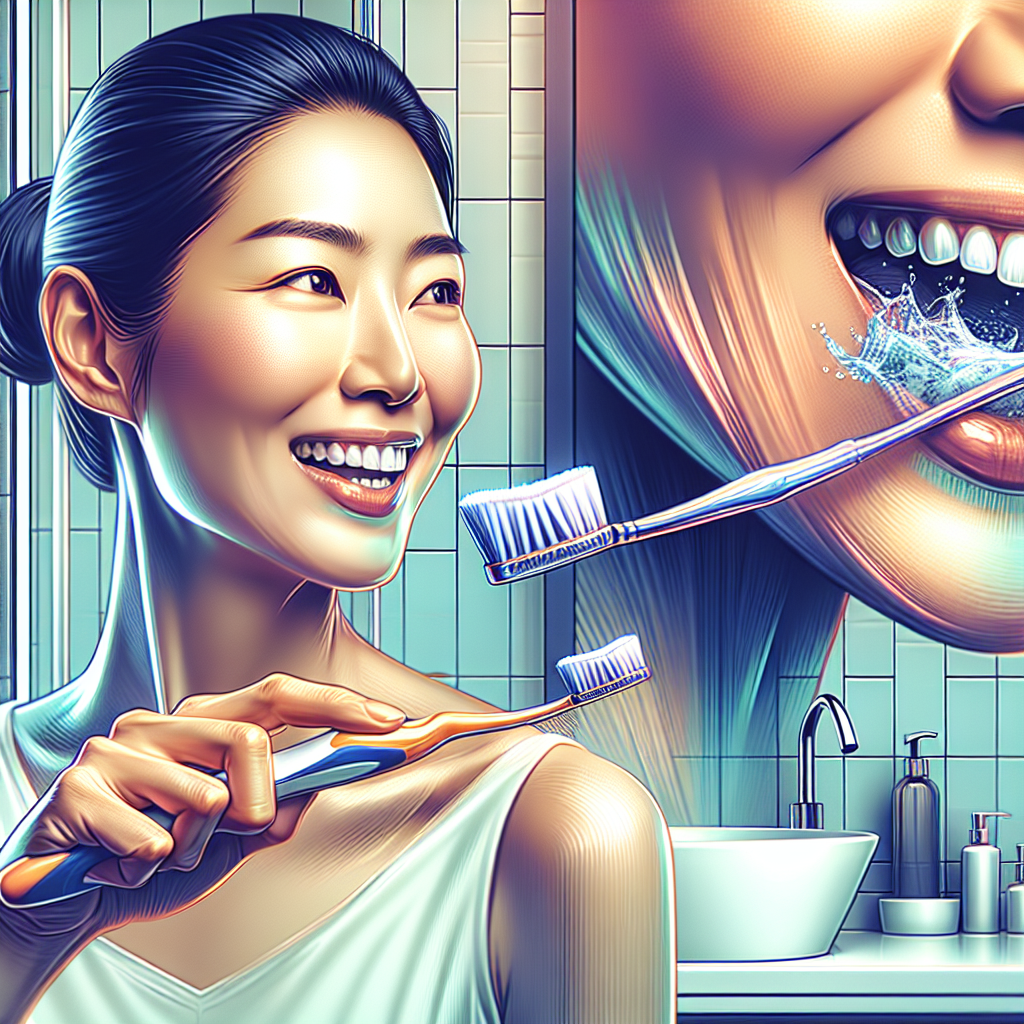 A person (mid-20s to mid-40s) actively and thoroughly brushing their teeth with a clean, white toothbrush, and then showing the action of using a tongue scraper, in a bright and modern bathroom. The person has a refreshed and confident expression. The image emphasizes effective oral hygiene and the feeling of achieving sparkling fresh breath. Realistic, vibrant, with a focus on cleanliness and freshness.
