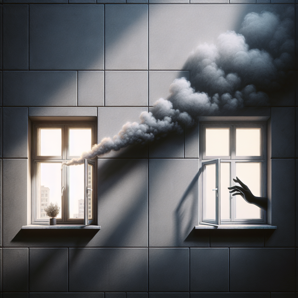 Eine künstlerische Illustration, die zwei nebeneinander liegende Apartmentfenster in einem Gebäude zeigt. Aus einem Fenster steigt ein leichter, unangenehmer grauer Rauch auf, der auf das leicht geöffnete Nachbarfenster zuströmt. Eine Silhouette einer Hand ist aus dem zweiten Fenster herausgestreckt, als ob sie den Rauch abwehren oder das Fenster zum Schutz schließen wollte. Betone den Kontrast zwischen dem sauberen, frischen Inneren einer Wohnung und dem aufdringlichen Rauch der anderen. Stimmungsvolle Beleuchtung.