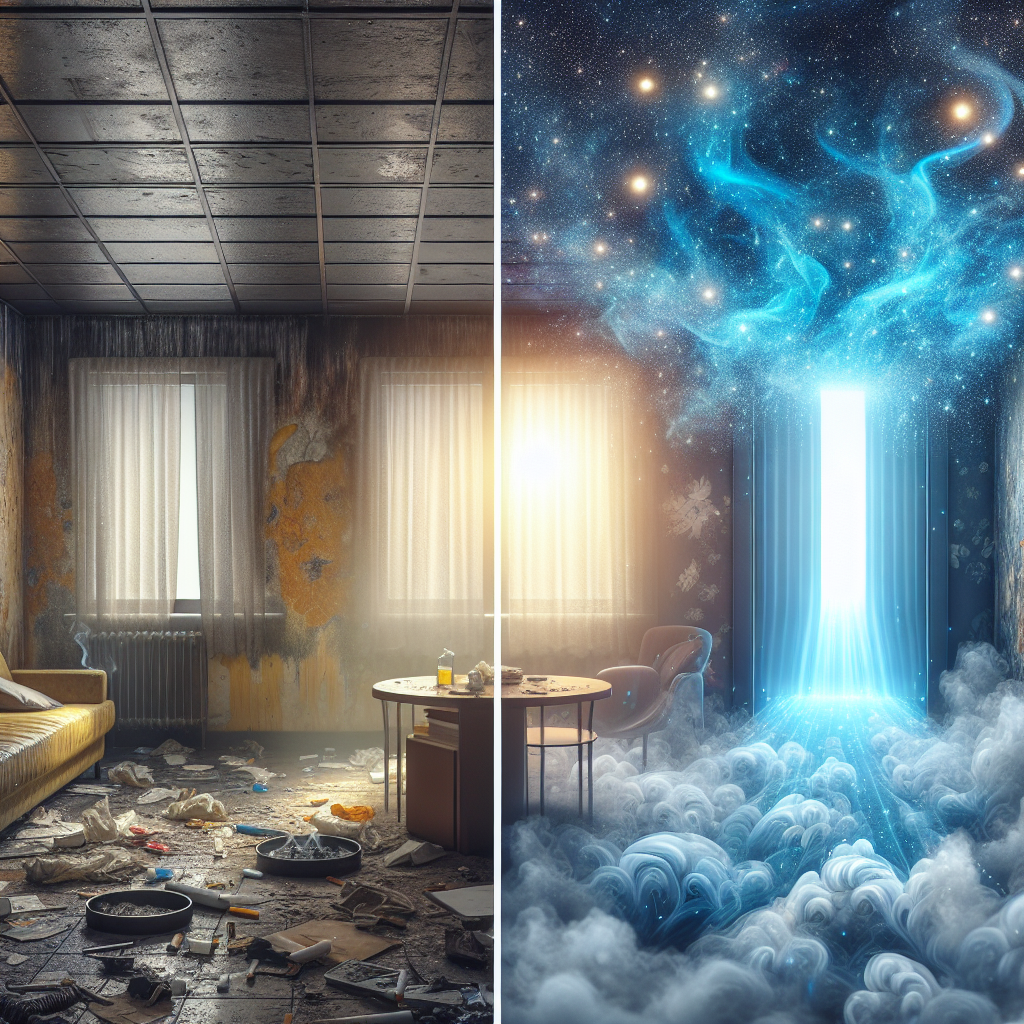 A dramatic before-and-after split image. On one side, a dimly lit, smoke-filled room with visible yellow nicotine stains on walls and furniture, embodying a lingering cigarette odor. On the other side, the exact same room transformed into a bright, clean, and fresh space, with subtle, ethereal blue light particles representing ozone actively neutralizing the residual smoke molecules, creating a sense of renewed purity. Realistic, high contrast, atmospheric.
