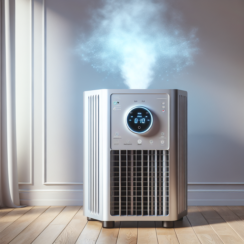 A close-up, dynamic shot of a modern ozone generator placed in a neutral room environment. The generator emits a visible, purifying blue-white mist or energetic particles that appear to actively break down invisible smoke odor molecules in the air. The surrounding space is visibly clear and fresh, with a pristine, neutral aesthetic, emphasizing the effective purification process. Realistic, detailed, clean and slightly scientific feel.