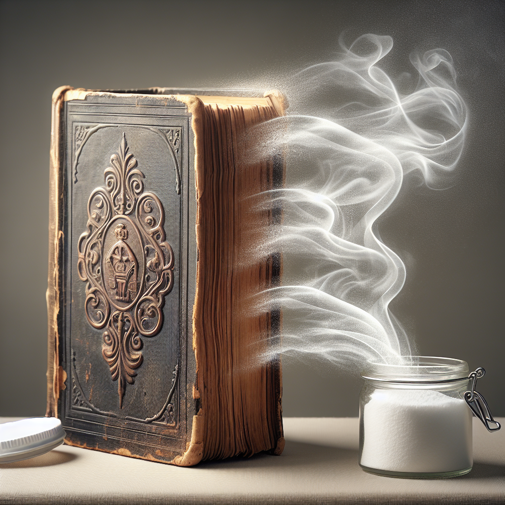 An antique book with slightly yellowed pages, emanating a faint, stylized smoky aura representing unpleasant odor. Beside it, an open container of baking soda on a clean surface, with subtle, shimmering waves of freshness emanating from it, visually neutralising the smoke. Soft, warm lighting, evocative of a gentle purification process. Realistic style, high detail.