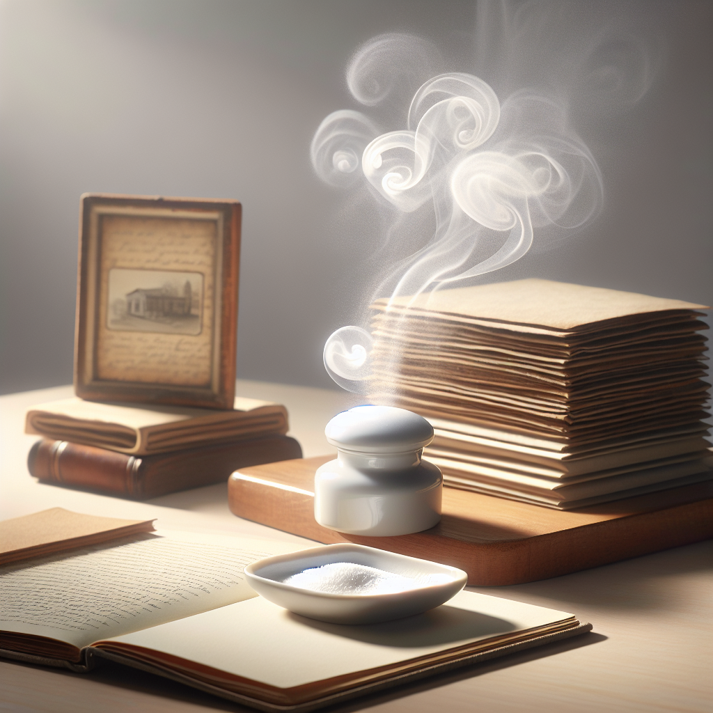 A neat stack of various paper items – an old letter, a vintage photograph, and a closed journal – placed on a minimalist wooden table. Above the paper, a soft, ethereal glow or abstract fresh air currents are depicted, signifying cleanliness and odor removal. In the foreground, a small, pristine white ceramic dish holds a fine white powder, suggesting a natural deodorizer. Bright, clean aesthetic, close-up shot, soft focus background.