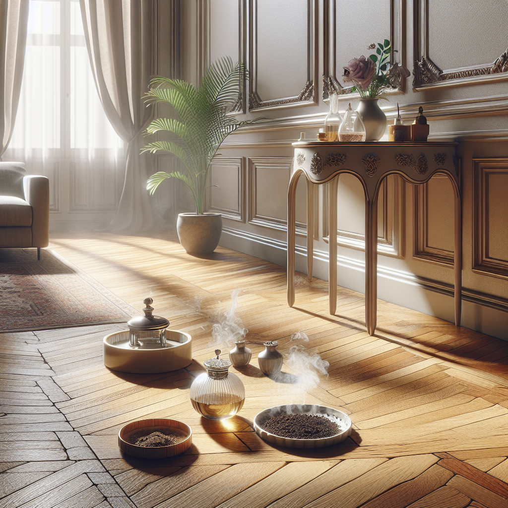 A well-lit, clean living room with beautiful, classic parquet flooring. Sunlight streams through open windows, but a subtle, lingering haze is visible in the air, hinting at a past cigarette smoke odor. On a low, stylish side table near the floor, there's a small, decorative bowl of coffee grounds and another with vinegar, placed to neutralize odors. The overall mood is one of an attempt to refresh an older space.