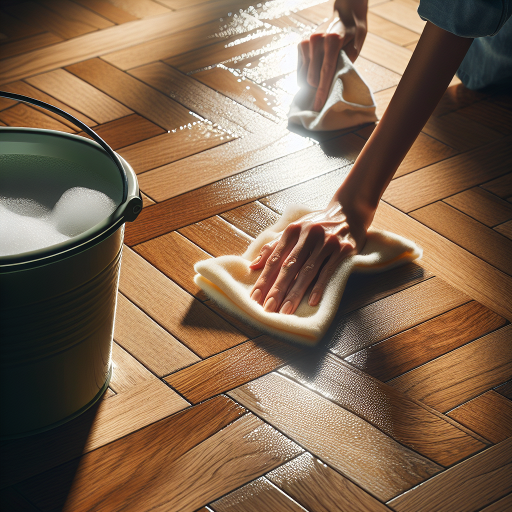 A close-up, low-angle shot of hands carefully wiping a section of polished, warm-toned parquet flooring with a damp, clean cloth. A bucket with a gentle, foamy cleaning solution is visible beside it. The light reflects beautifully off the freshly cleaned wood, creating a stark contrast with the slightly duller, uncleaned adjacent area. The scene conveys diligence and effective cleaning, with a focus on the smooth texture of the wood.