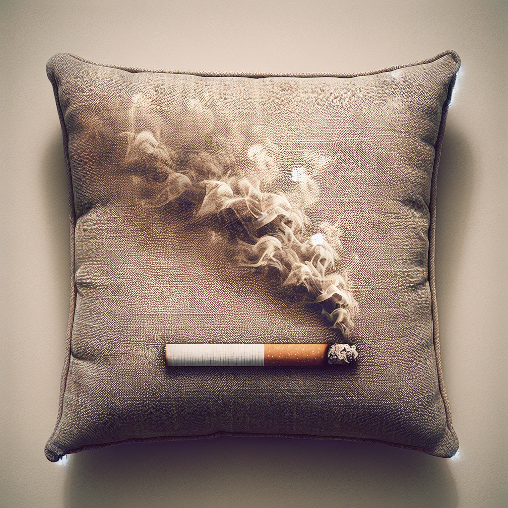 A close-up shot of an old fabric sofa cushion, where faint, brownish-grey smoke-like wisps are subtly depicted clinging deep within the fabric fibers, symbolizing persistent nicotine smell. The colors are muted and slightly desaturated, conveying an unpleasant and stale atmosphere. No people or brand logos.