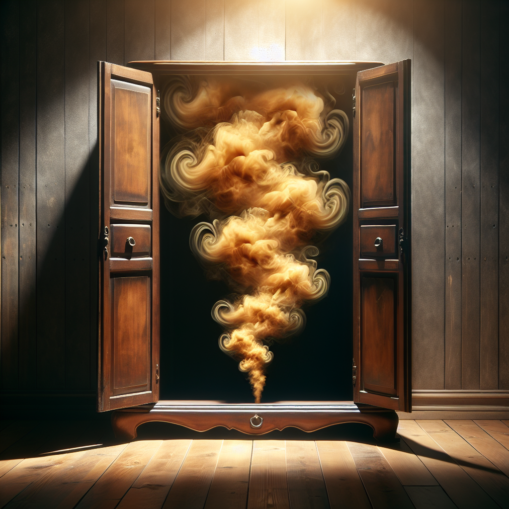 A vintage wooden wardrobe with its doors slightly ajar, emitting a visible, swirling cloud of unpleasant yellow-brown smoke and stale odor. The room is dimly lit, emphasizing the pervasive, stubborn nicotine smell that has deeply settled into the furniture. Focus on the negative, persistent nature of the smell.