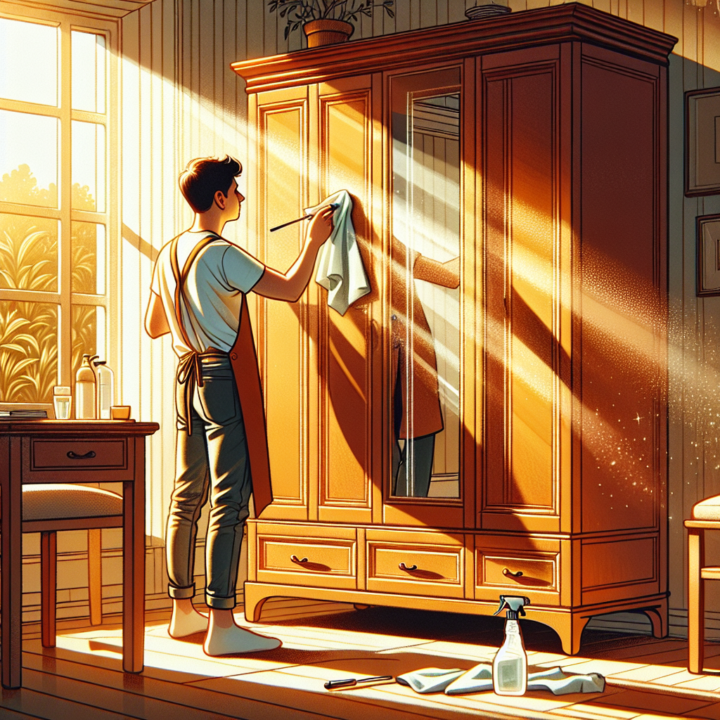 A brightly lit, clean wooden wardrobe being thoroughly cleaned by a person using a damp cloth and a spray bottle with a clear cleaning solution (like vinegar water). Sunlight streams into the room, highlighting the clean surfaces and the fresh, airy atmosphere. The image should convey effective cleaning, freshness, and the successful removal of odors.