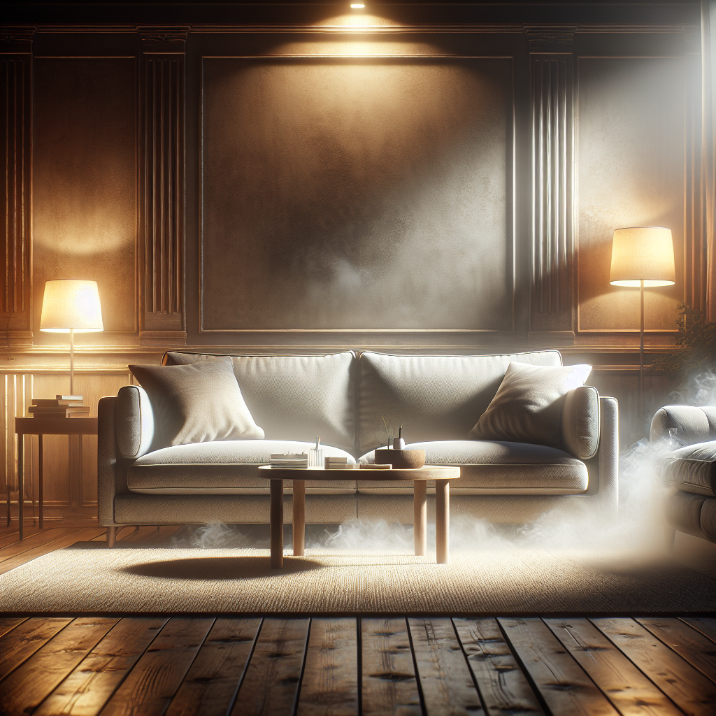 A slightly worn, comfortable sofa in a cozy living room, but with a subtle, almost visible faint haze or a muted, stale color palette to convey the lingering, unpleasant smell of nicotine. The overall atmosphere should suggest an ingrained challenge, maybe a bit aged but still a central piece of furniture. Realistic photo, soft lighting.