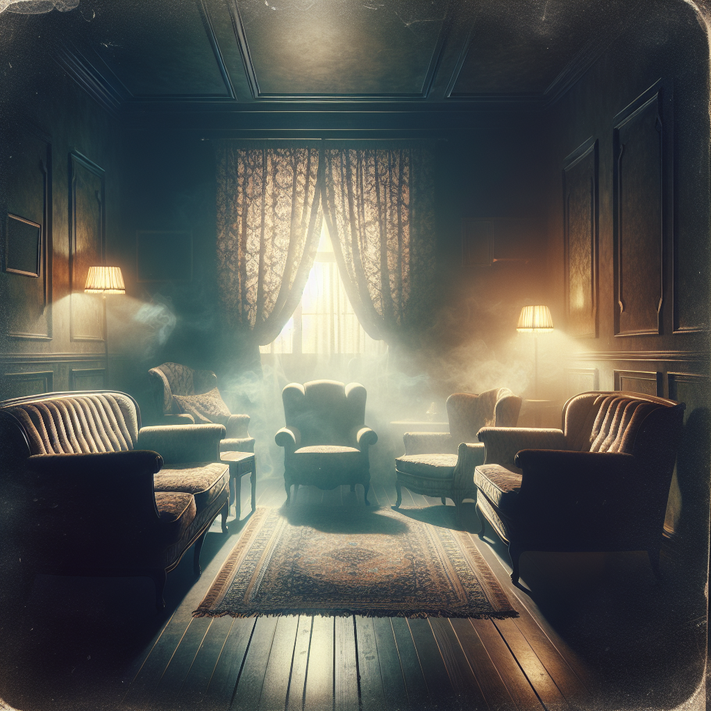 A dimly lit, slightly hazy room with vintage upholstered furniture and heavy curtains, depicting a stale, oppressive atmosphere permeated by lingering cigarette smoke. Dust motes are visible in the faint light, suggesting an entrenched, unpleasant odor. Realistic photo style, evoking the 'before' state of a smoker's home.