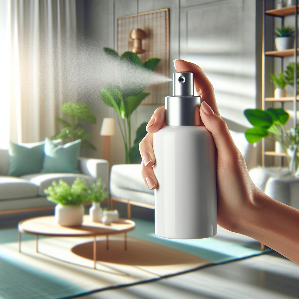 A close-up of a modern, sleek spray bottle with a minimalist design, held by a hand and releasing a fine mist into a bright, sunlit living room. The background features fresh, clean decor and lush green plants, symbolizing fresh air, cleanliness, and the effective neutralization of odors. High-key lighting, realistic photo style.